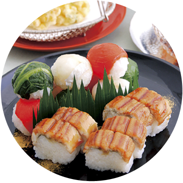 「穴子棒寿司」「手まり寿司3種」「海老天ぷら」「赤だし」「葛きり（マンゴーソース）」